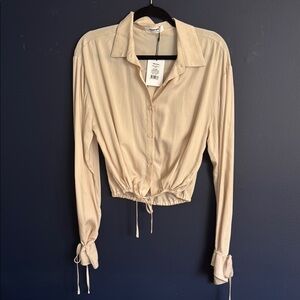 Showpo Beige Button-Down Women's Shirt with Tie Waist and Sleeves